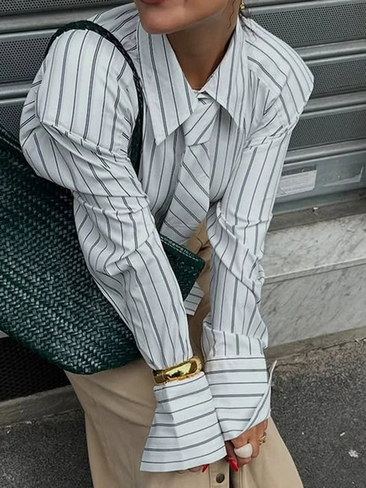 White Loose Spliced Striped Chic Shirts for Women