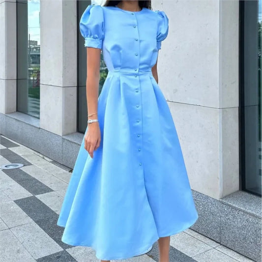 Button Midi Dress -Puff Sleeve