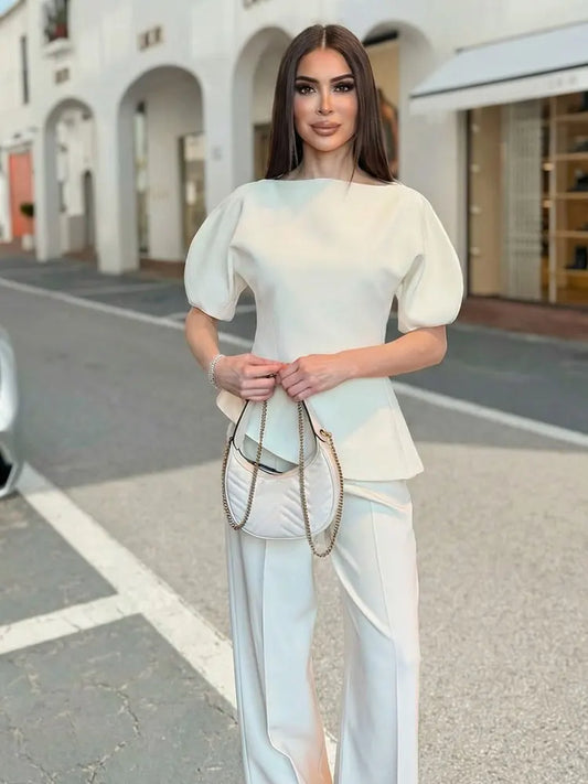 Puff Sleeve Blouse -Asymmetrical Hem