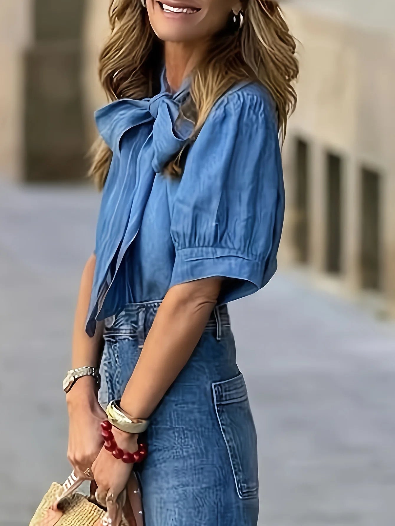 Denim Shirt - Short Sleeve Bow Ornamental Shirt