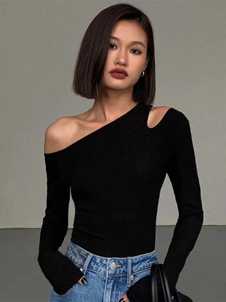 Skew Collar Off-shoulder Long-sleeved T-shirts Women