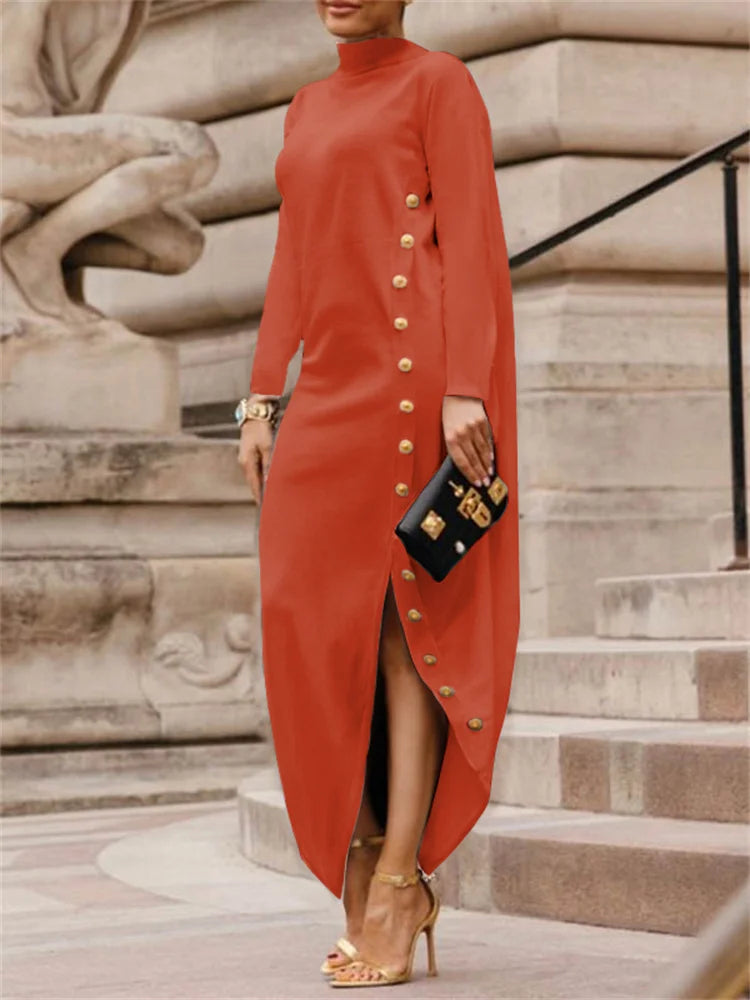 Buttoned Split- Cotton blend High Neck Dress
