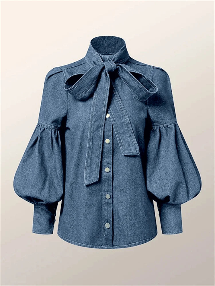 High Neck Blouses -Puff Sleeves Denim