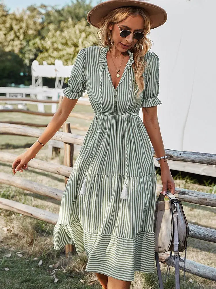 Striped Lantern Sleeve -Summer Dress