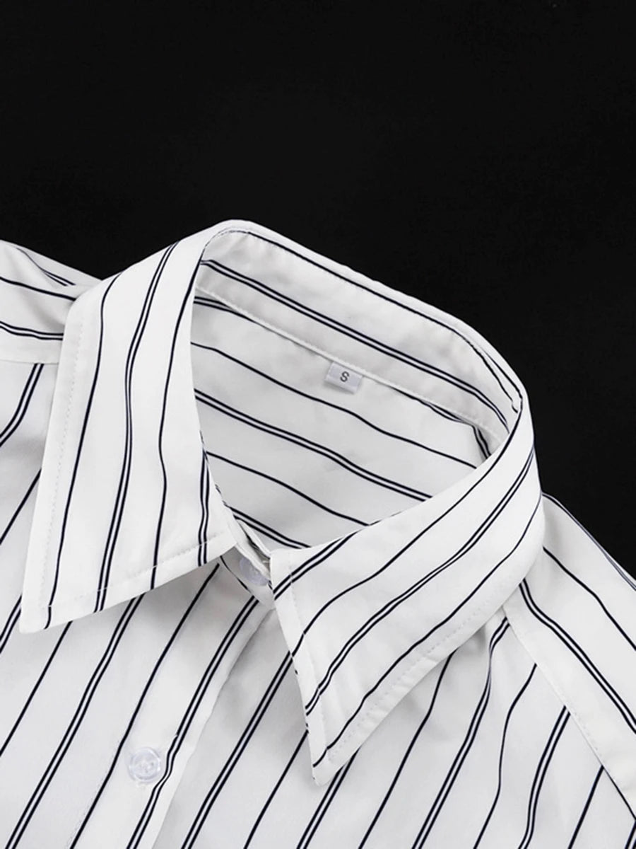 White Loose Spliced Striped Chic Shirts for Women