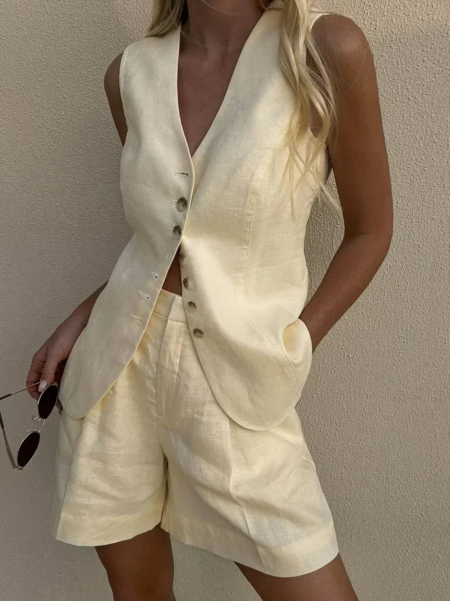 Cotton And Linen - Vest Shorts Set