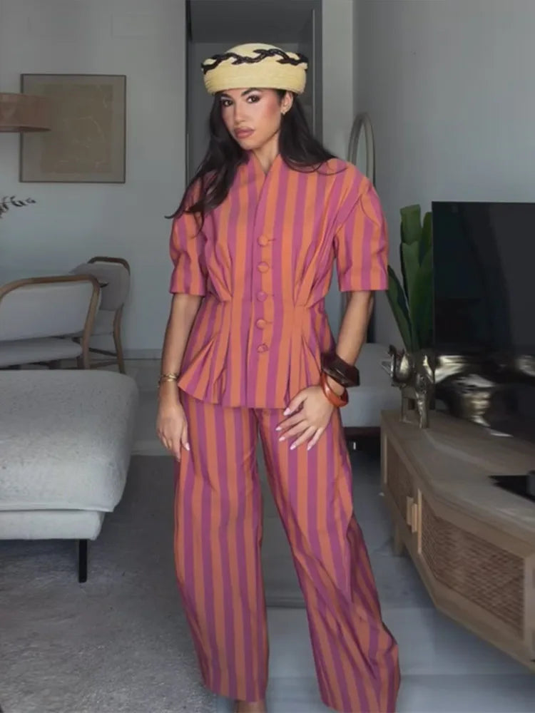 2 Pcs Sets- Striped Short Sleeve Office Lady Suits