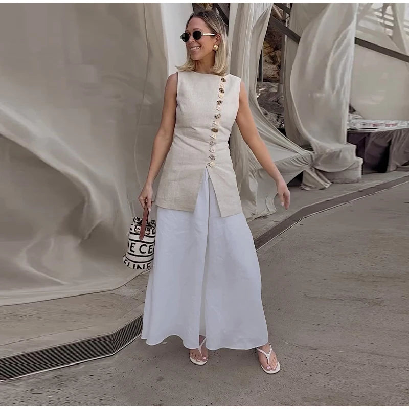 Cotton Linen Vest -Soft Solid Sets 2 Pieces