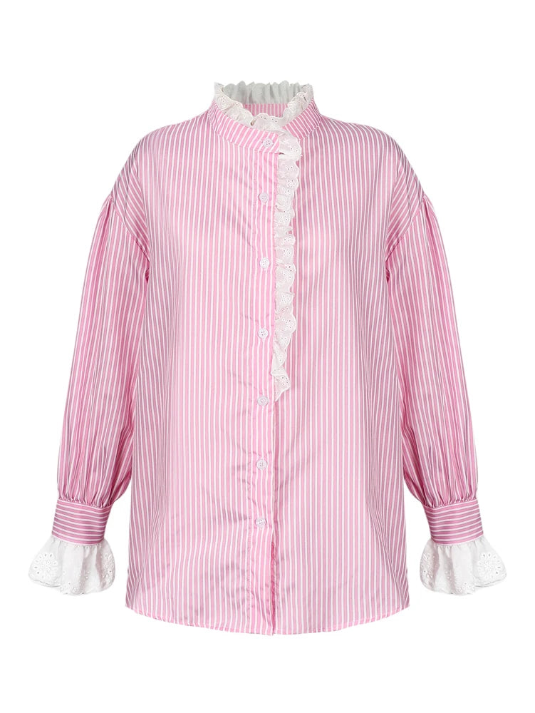 Relaxed-Fit Striped Lace-Panel Blouse