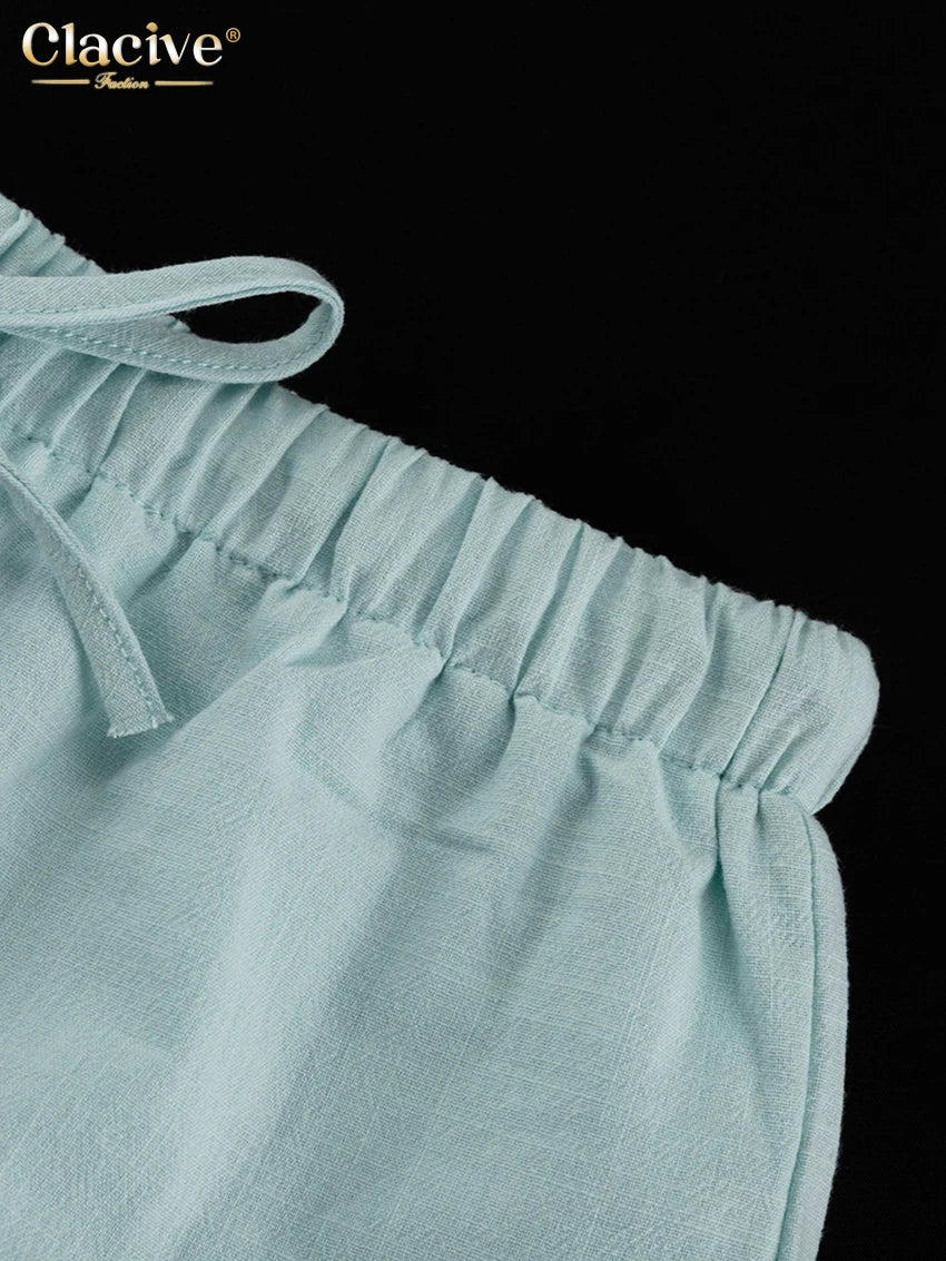 Blue Cotton Two Pieces Set -Long Sleeve Shirt With High Waist Shorts