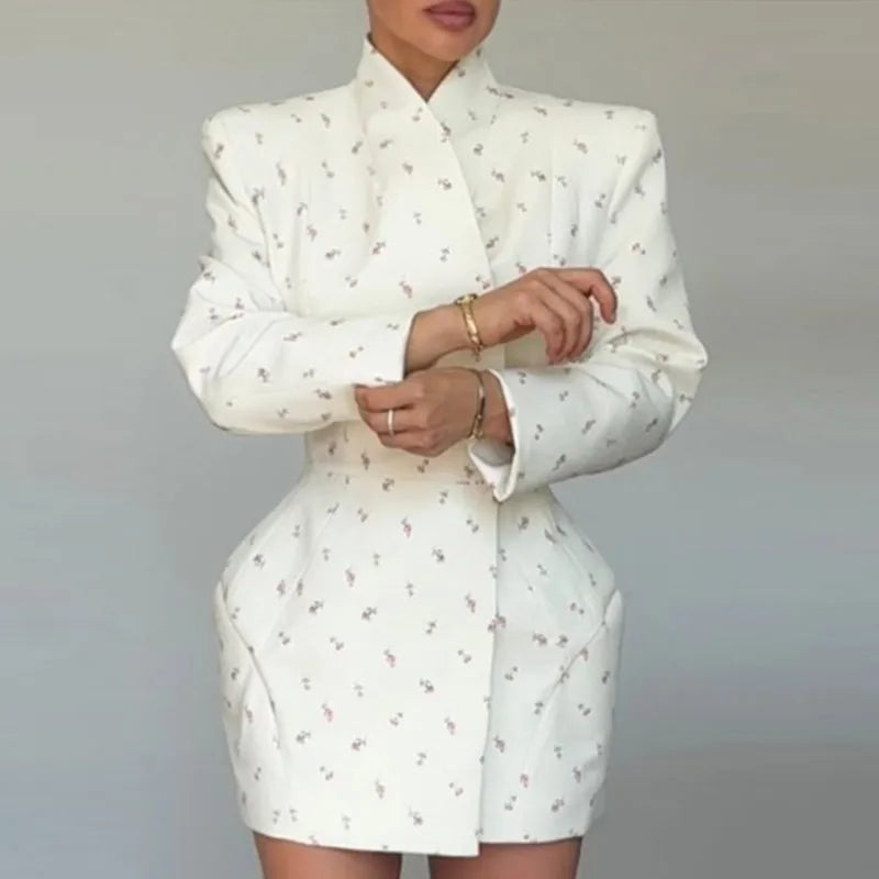 White Floral Shoulder Blazer- Long Sleeve