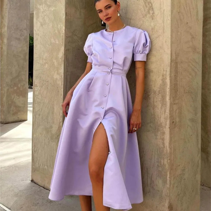 Button Midi Dress -Puff Sleeve