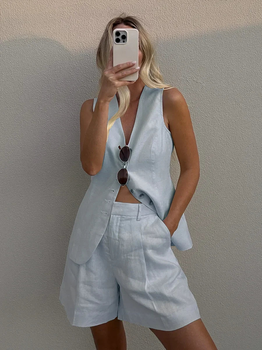 Cotton And Linen - Vest Shorts Set
