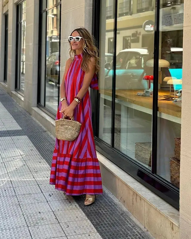 Print Neck Long Dresses-Vacation Dress