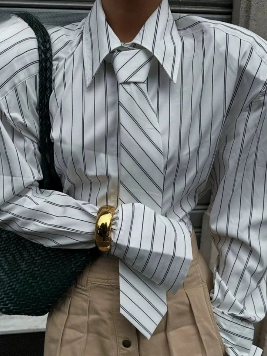 White Loose Spliced Striped Chic Shirts for Women