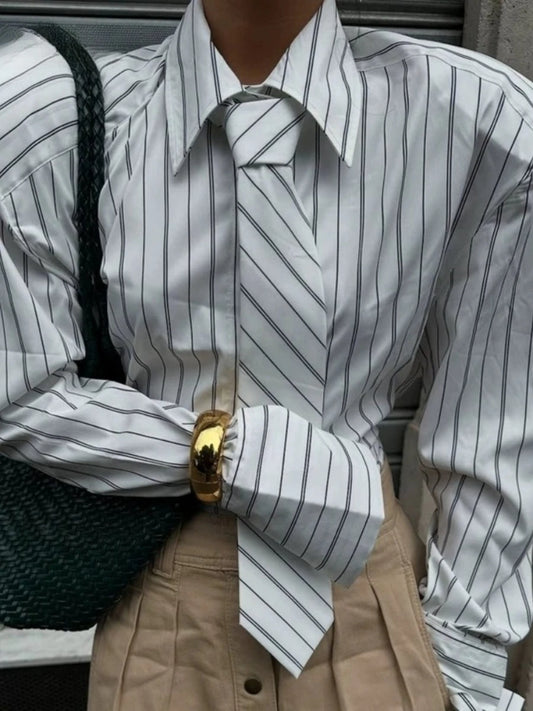 White Loose Spliced Striped Chic Shirts for Women