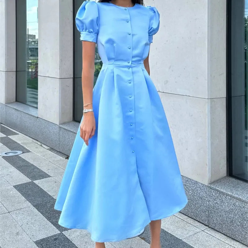 Button Midi Dress -Puff Sleeve