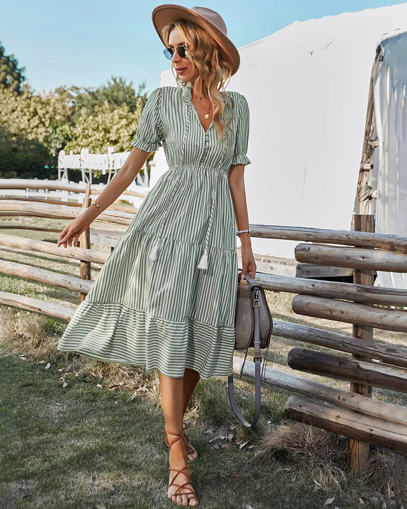 Striped Lantern Sleeve -Summer Dress