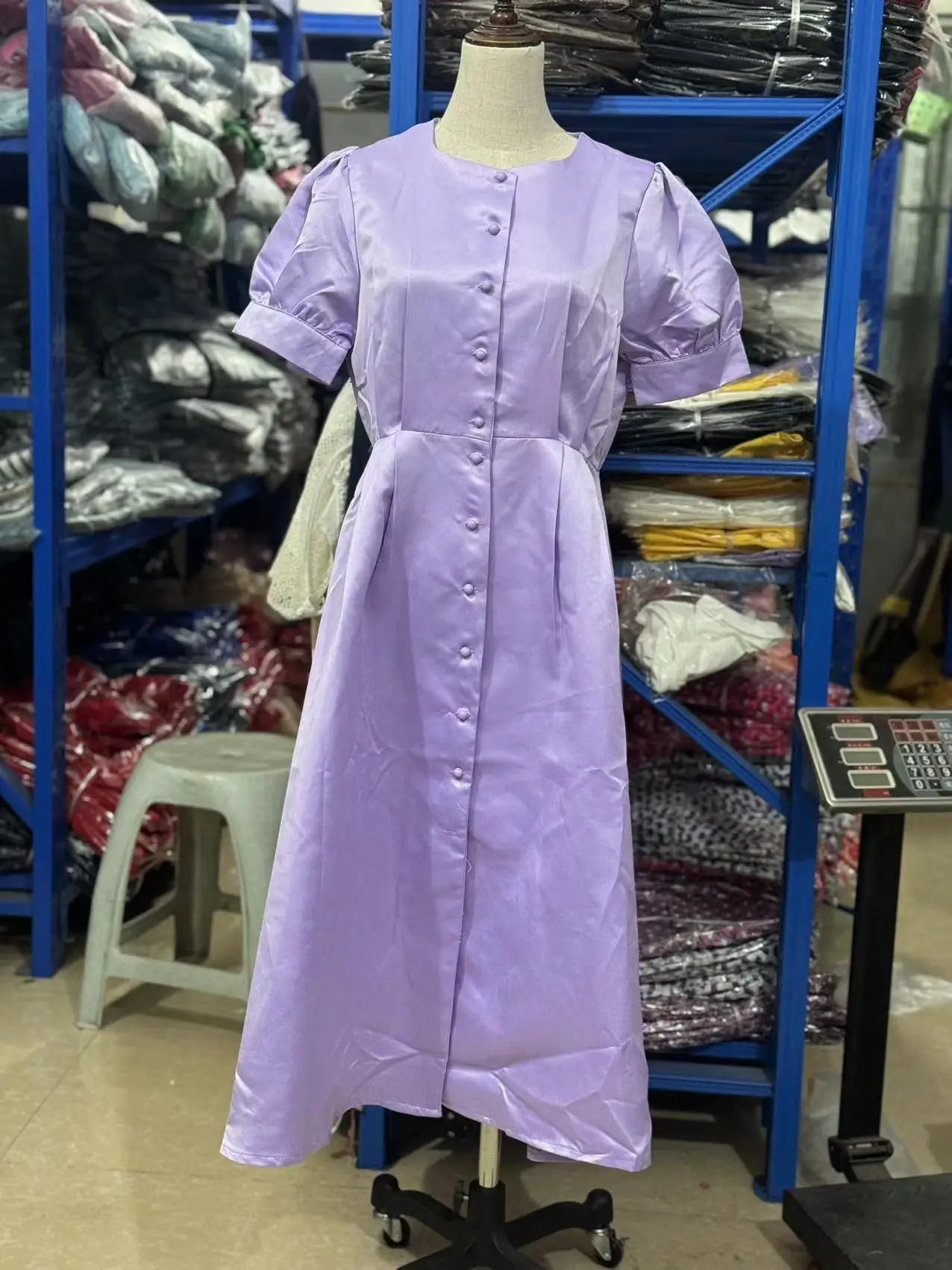 Button Midi Dress -Puff Sleeve