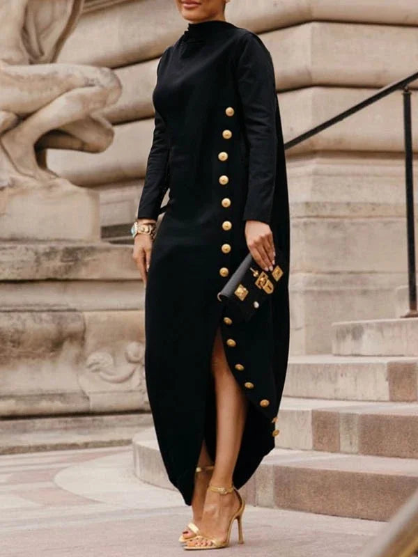 Buttoned Split- Cotton blend High Neck Dress