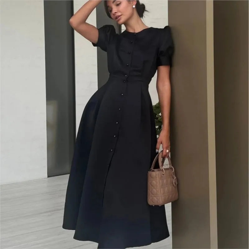 Button Midi Dress -Puff Sleeve