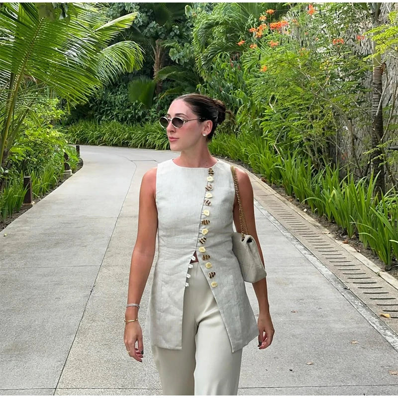 Cotton Linen Vest -Soft Solid Sets 2 Pieces