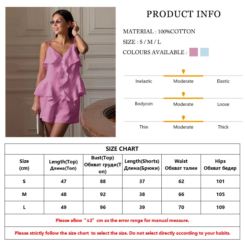 Pink Cotton 2 Pieces Set -Tank Top With High Waist Shorts Set