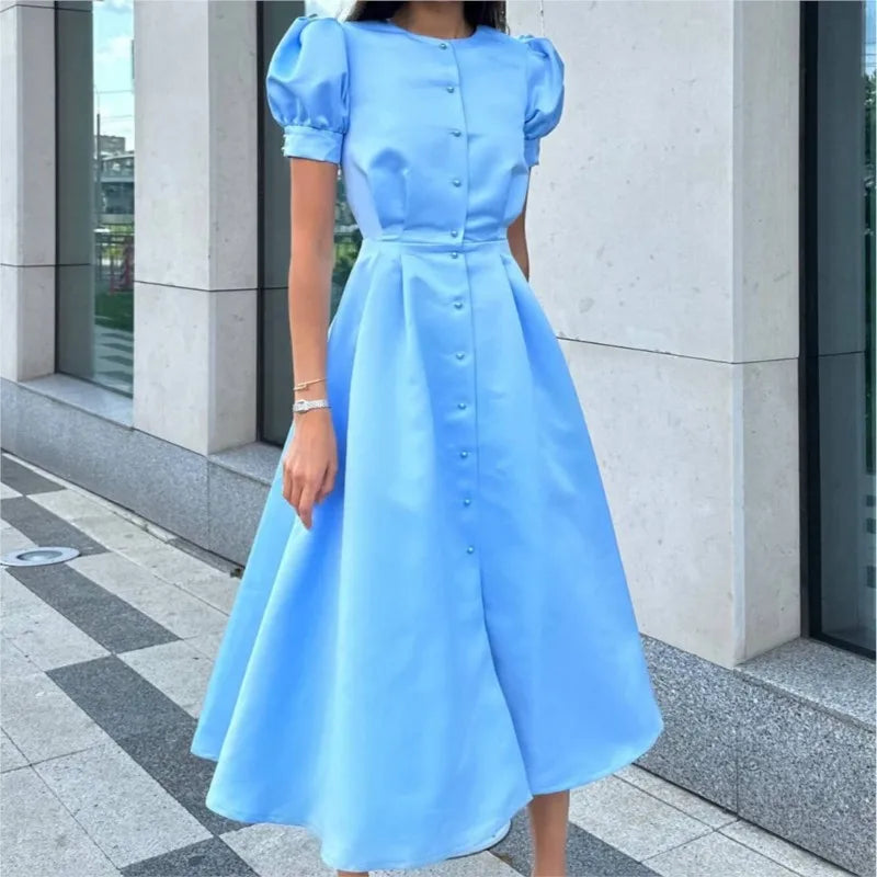 Button Midi Dress -Puff Sleeve