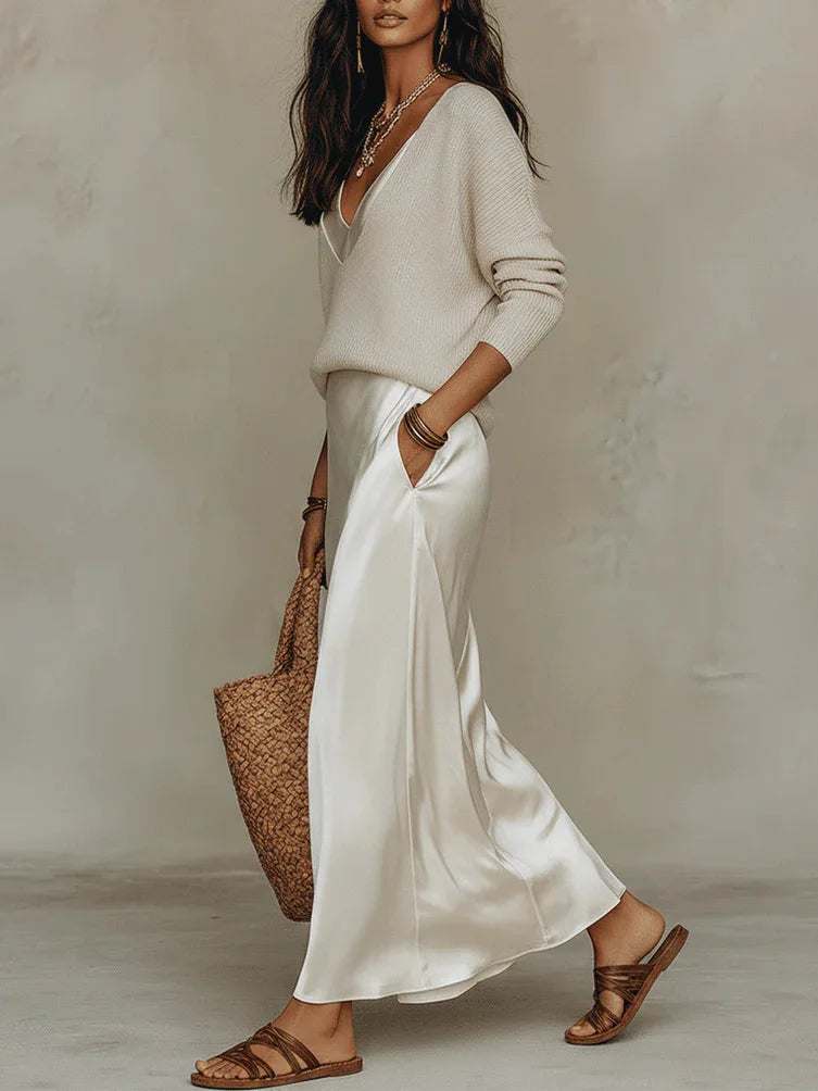 Satin Maxi Dress - Evening Dresses with Long Sleeve