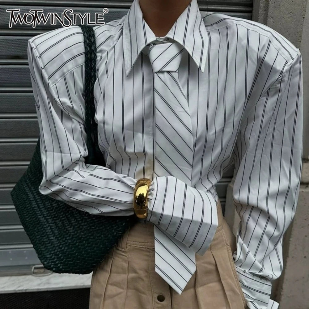 White Loose Spliced Striped Chic Shirts for Women