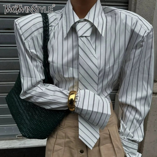 White Loose Spliced Striped Chic Shirts for Women