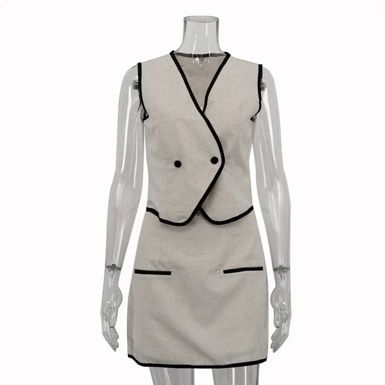 Set - Mini Skirt for summer office with  V-neck