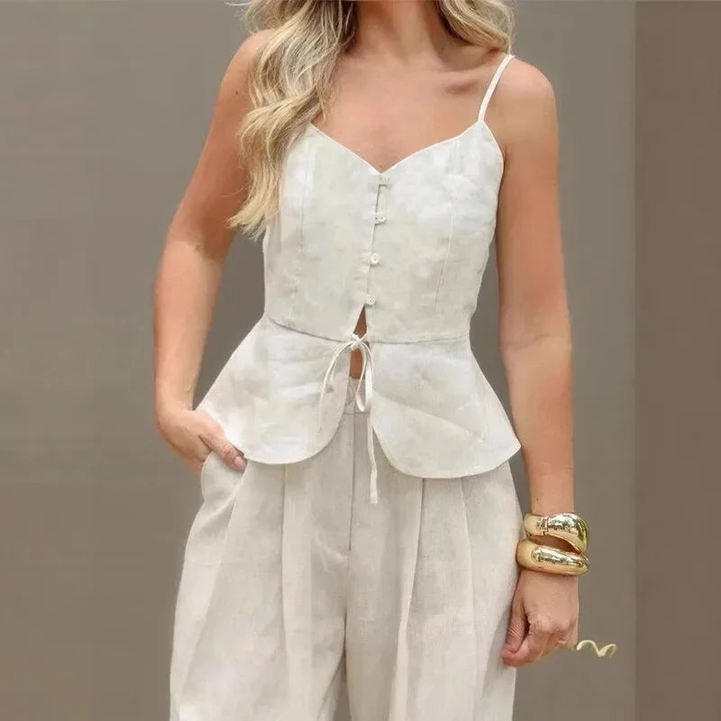 Spaghetti Cotton linen Strap -Length Pants Set