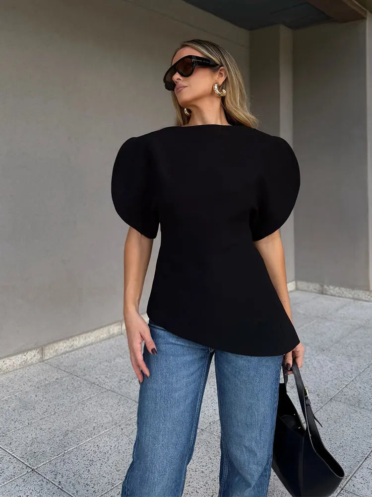 Puff Sleeve Blouse -Asymmetrical Hem