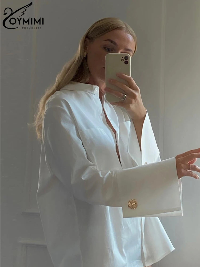 White Woman Blouse -Office Lady Shirts Casual Pockets