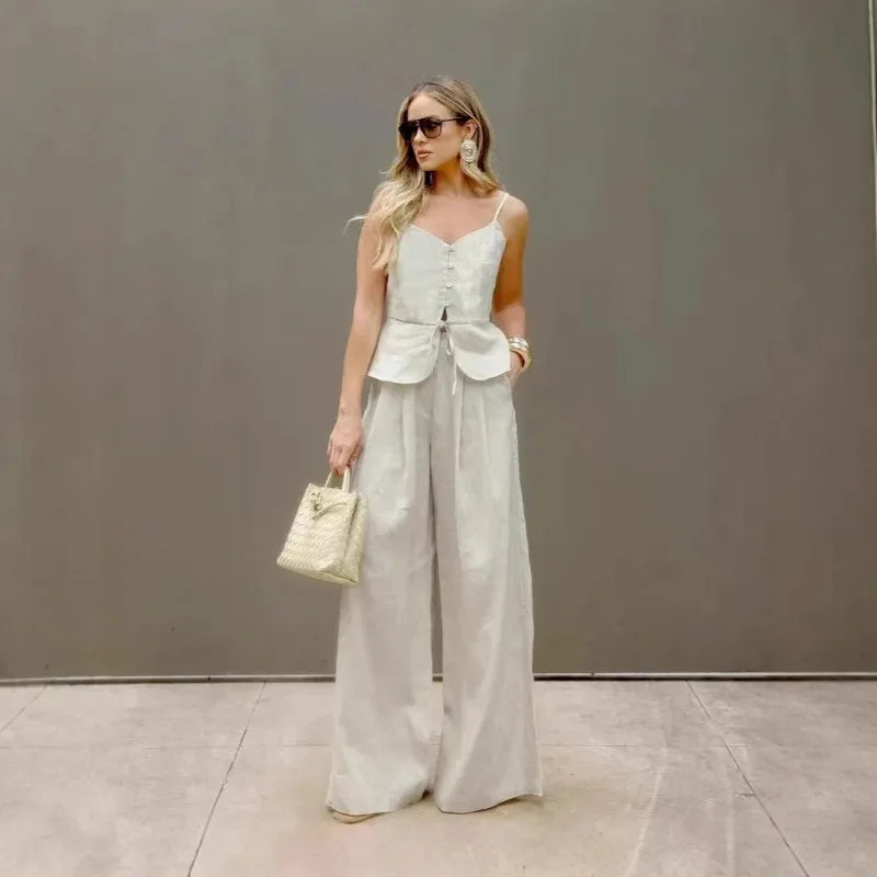 Spaghetti Cotton linen Strap -Length Pants Set