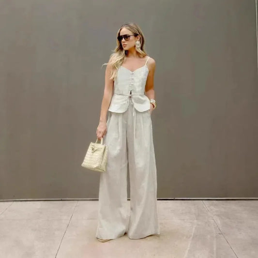 Spaghetti Cotton linen Strap -Length Pants Set