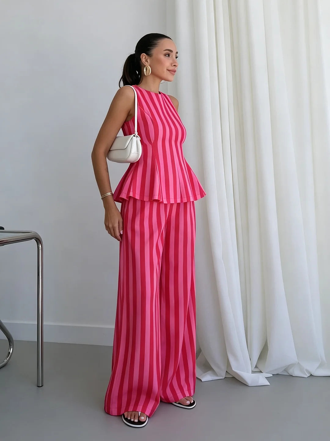Sleeveless Peplum Top High Waist Wide Leg Pants Elegant Suit