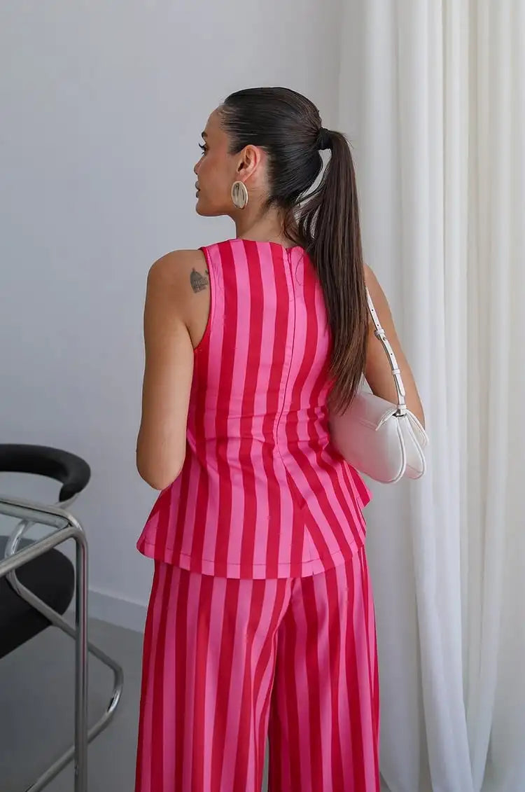 Sleeveless Peplum Top High Waist Wide Leg Pants Elegant Suit