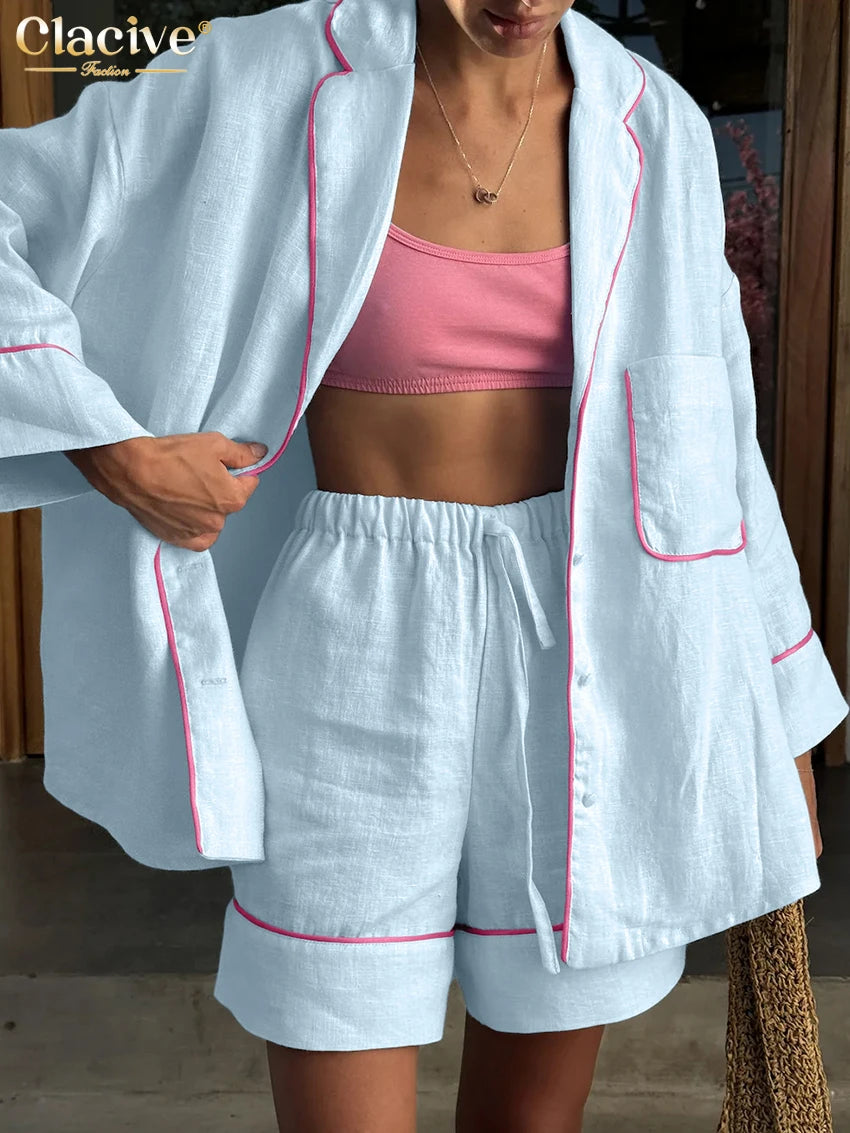 Blue Cotton Two Pieces Set -Long Sleeve Shirt With High Waist Shorts