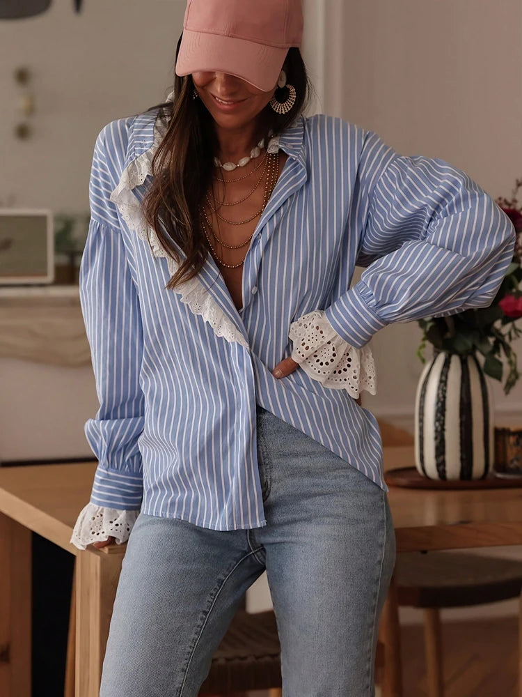 Relaxed-Fit Striped Lace-Panel Blouse
