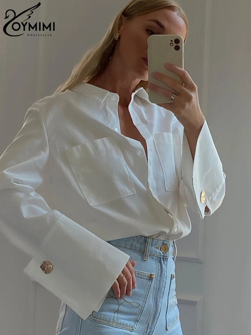 White Woman Blouse -Office Lady Shirts Casual Pockets