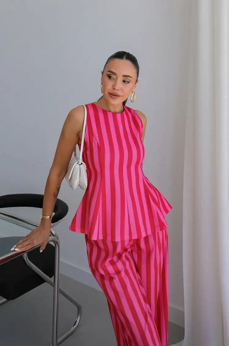 Sleeveless Peplum Top High Waist Wide Leg Pants Elegant Suit