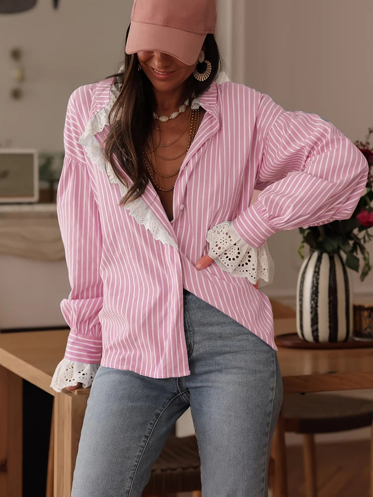 Relaxed-Fit Striped Lace-Panel Blouse