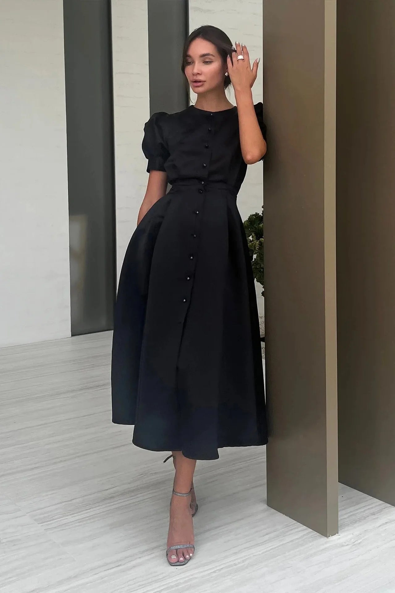 Button Midi Dress -Puff Sleeve