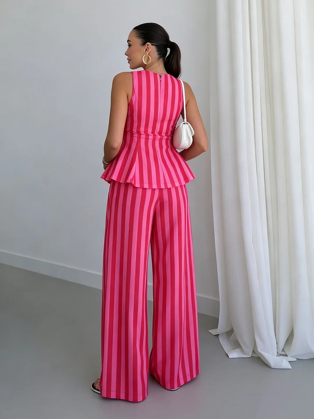 Sleeveless Peplum Top High Waist Wide Leg Pants Elegant Suit