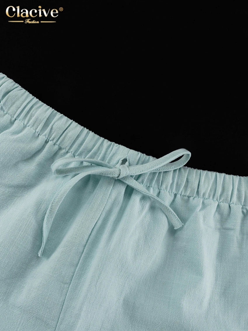 Blue Cotton Two Pieces Set -Long Sleeve Shirt With High Waist Shorts