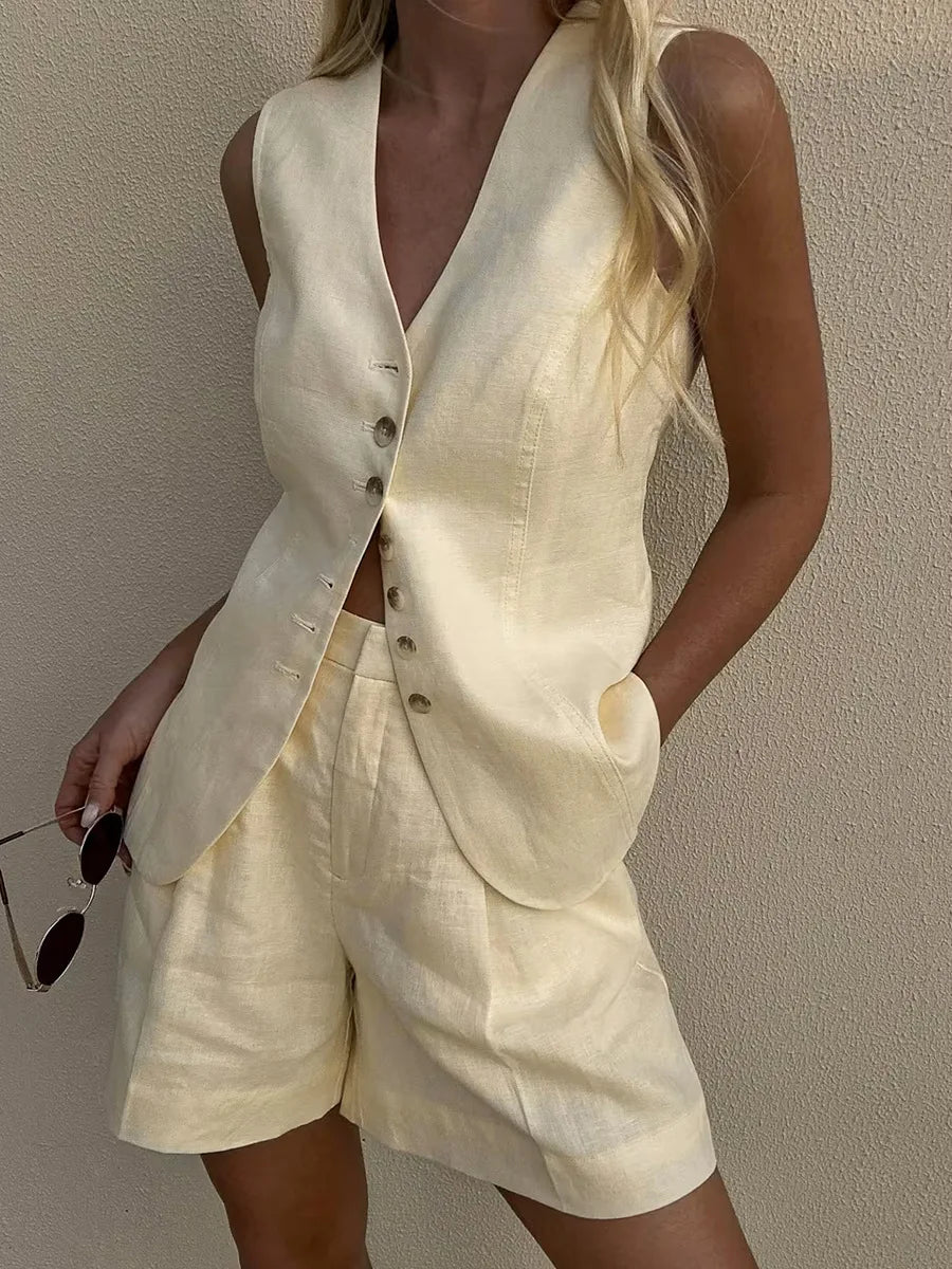 Cotton And Linen - Vest Shorts Set