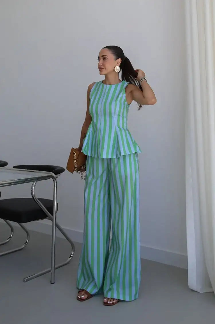 Sleeveless Peplum Top High Waist Wide Leg Pants Elegant Suit