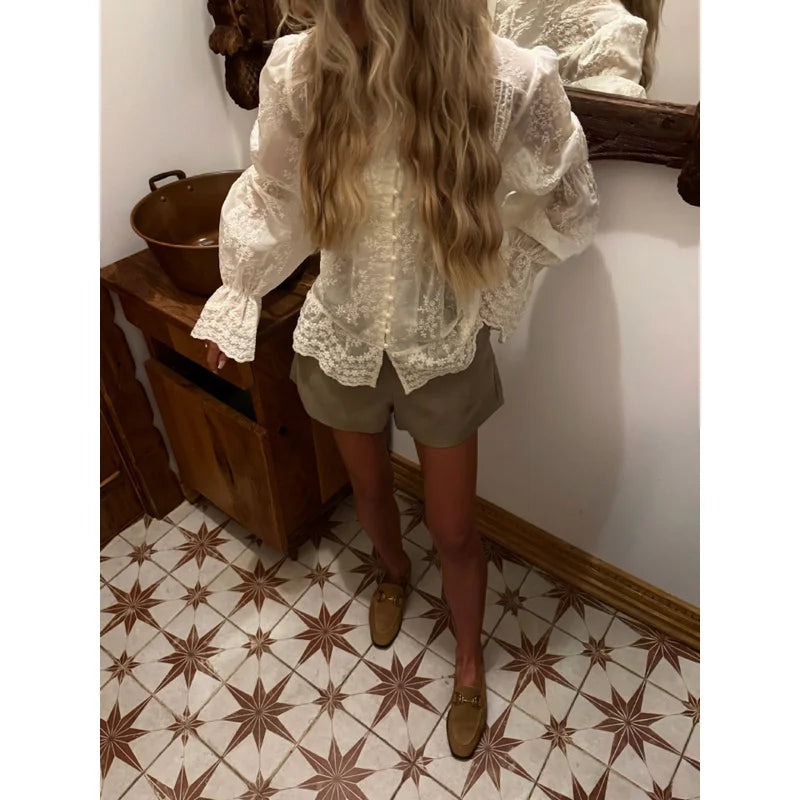 Lace COTTON Shirt - Casual V-Neck Shirt